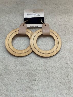 Pastels Blush Leather and Natural Wood Hoop Earrings